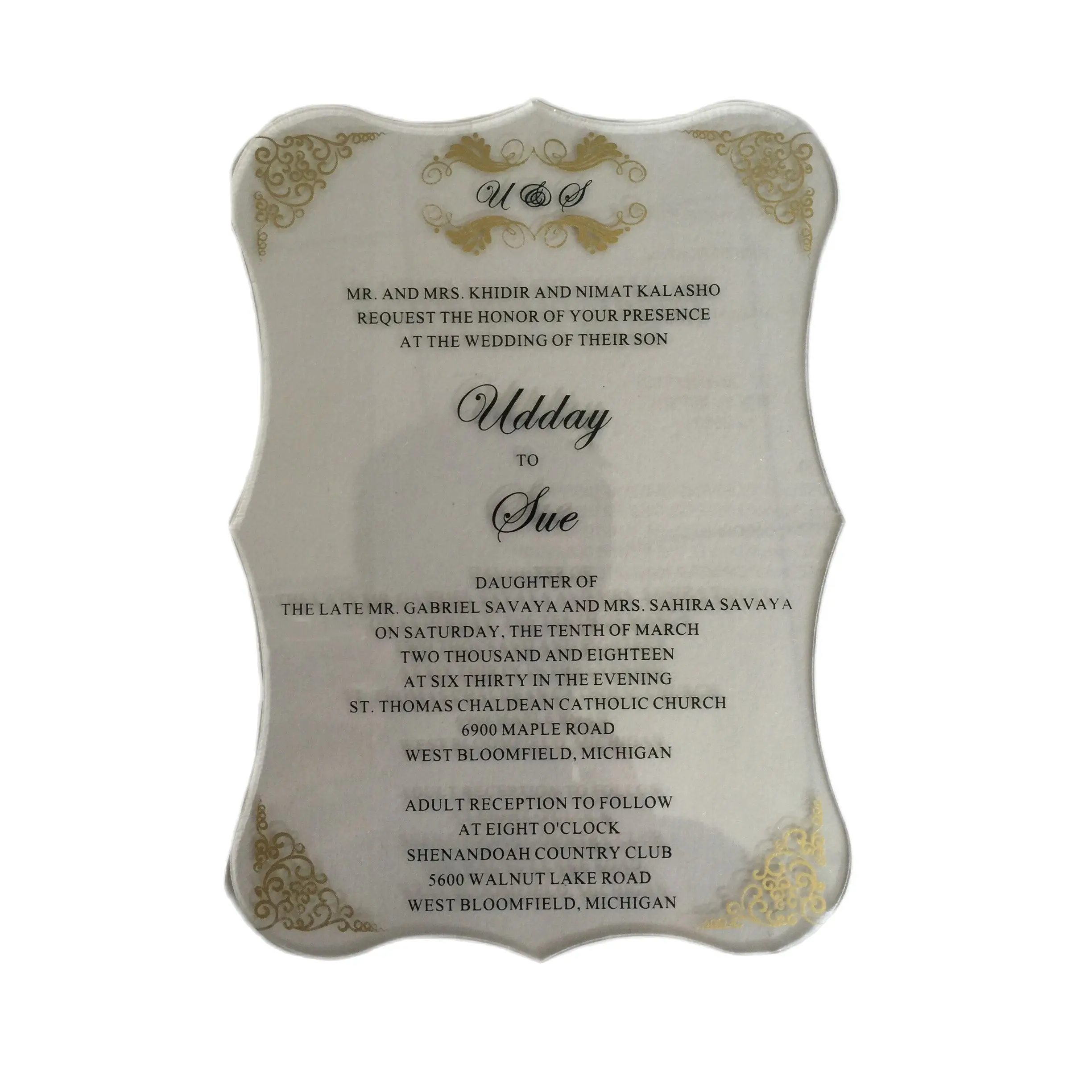 Sample order for  Clear acrylic wedding invitation card scroll shape silk screen letters