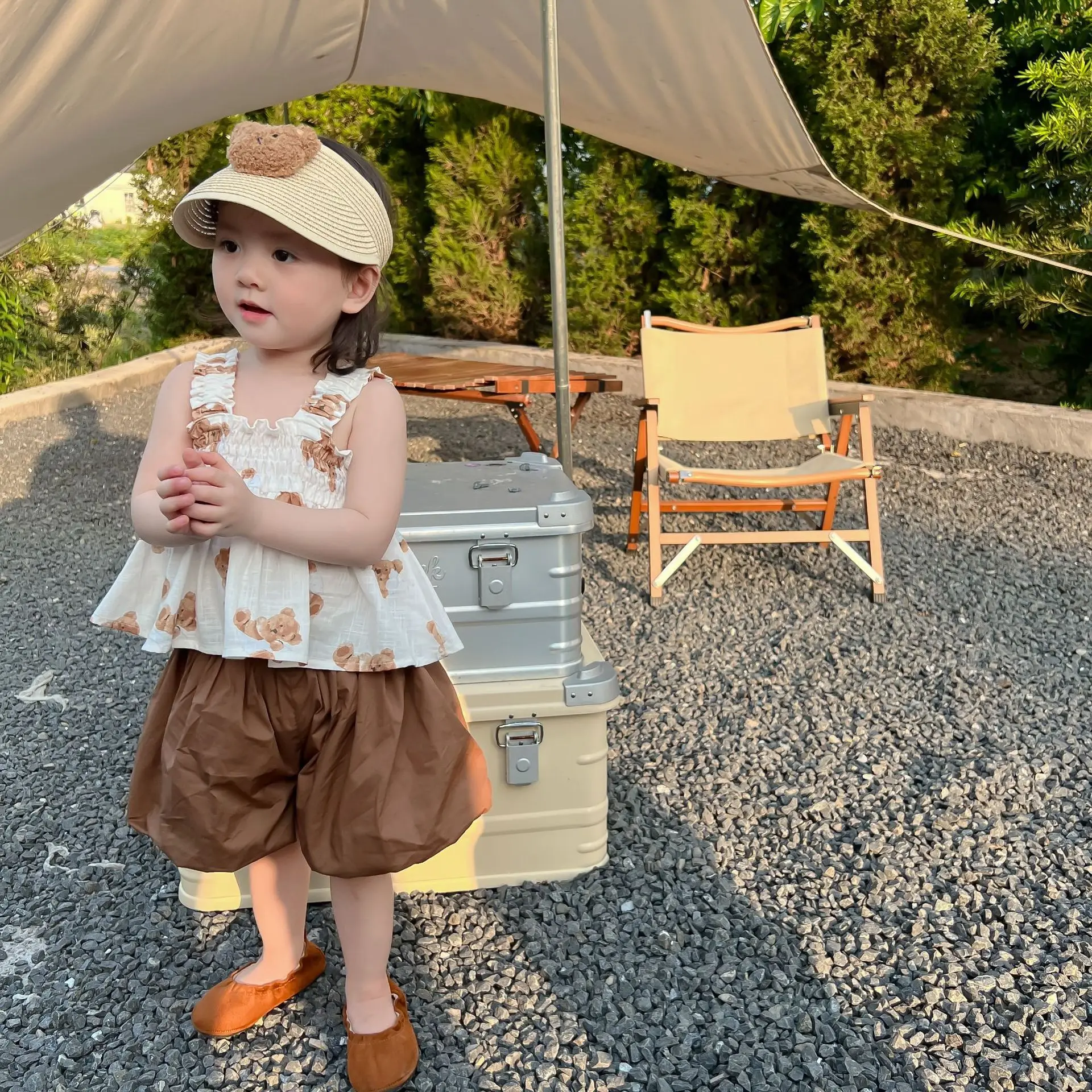 2022 Summer New Girls Vest + Shorts 2pcs Suit Cute Bear Print Children Casual Clothes Set Cotton Princess Baby Clothing Outfits