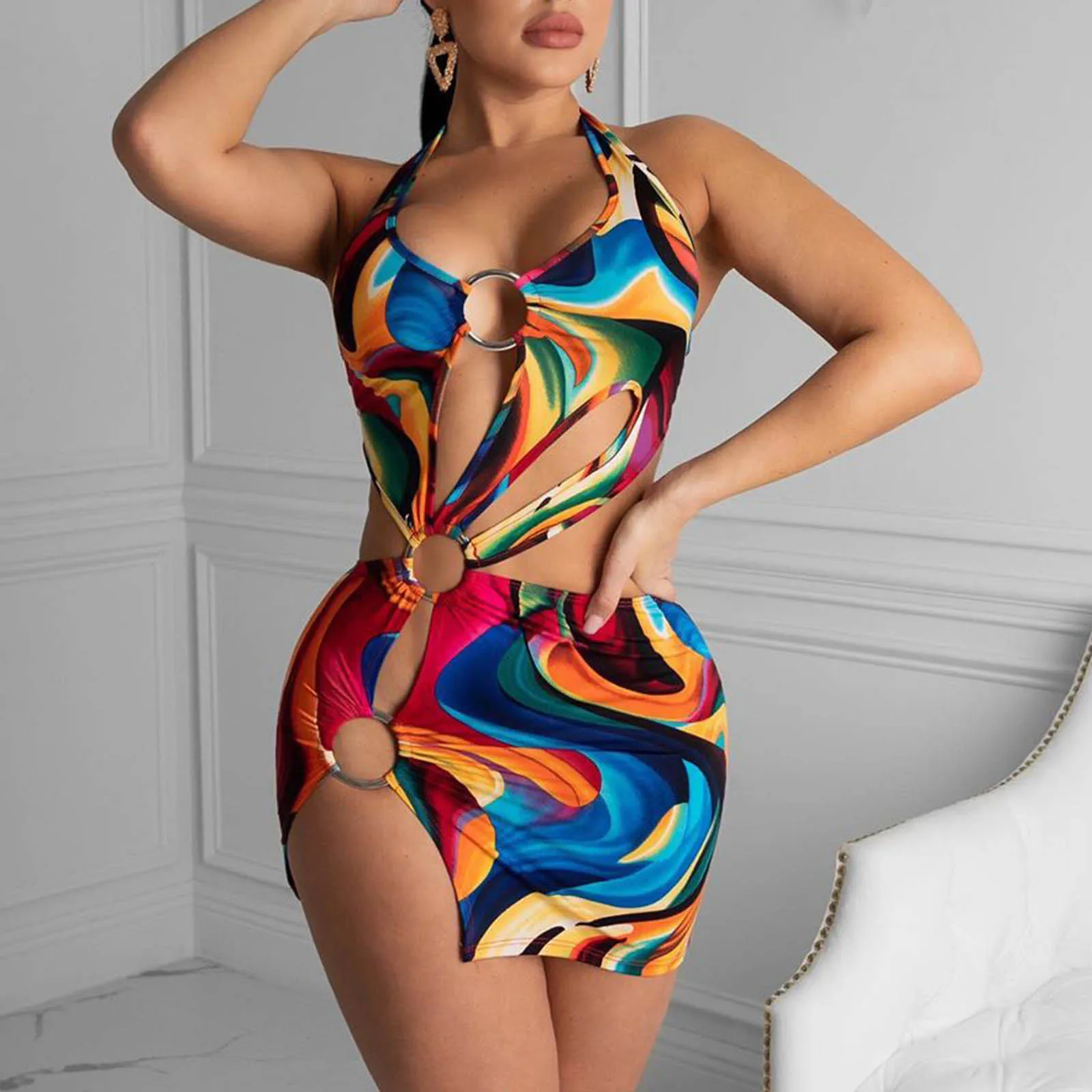 

Swimsuit Sexy Fashion Hole Cut Women's Abstract Out Oil Asymmetric Paintd Swimwear Women's Suit