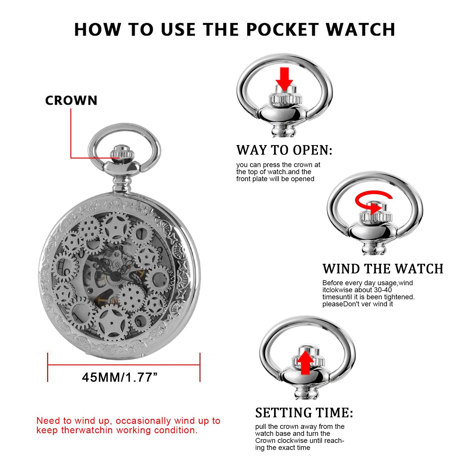 Silver Hollow Gear Mechanical Pocket Watches Vintage 2 Sides Open Case Hand Wind Casual Fashion Pocket&Fob Watches Mens Women