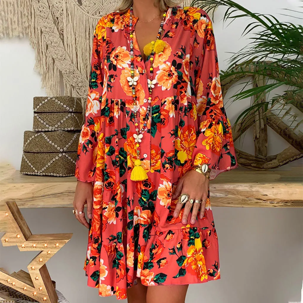 

2023 Summer Boho Dresses Women Casual Flora Print Batwing Sleeve Lace-Up Dress Sexy V Neck Loose Ladies Beach Mini Dress Vestido