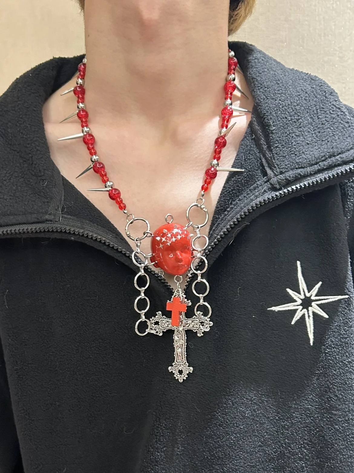 [Cow Toy] Red Blood Colored Glaze Beaded Baby Head Necklace