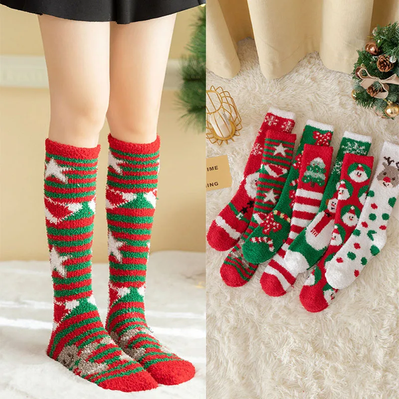 

New coral velvet long tube knee-length Christmas socks winter thickened half velvet half high tube women's socks