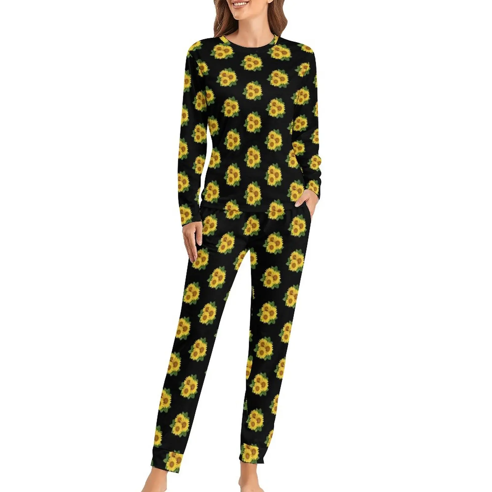 

Sunflower Print Pajamas Yellow Floral Two Piece Casual Pajamas Set Woman Warm Oversize Home Suit