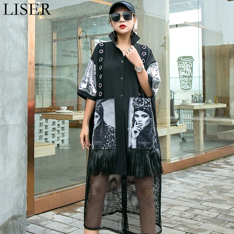 

2022 Summer New Sequin Stitching Large Pockets Long Loose Large Size Fashion Mesh Fringed Shirt Dress Women Black LL1055