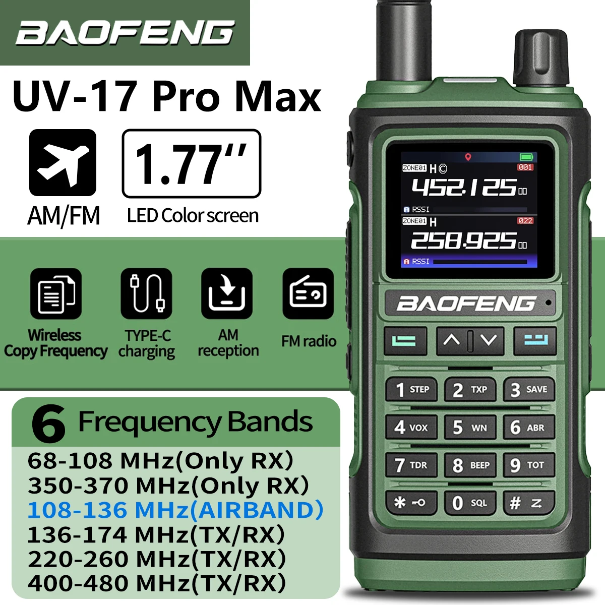 Baofeng UV-17 Pro Max Volledige Luchtband Walkie Talkie Multi-Band Draadloze Kopieerfrequentie Type-C Lange Afstand