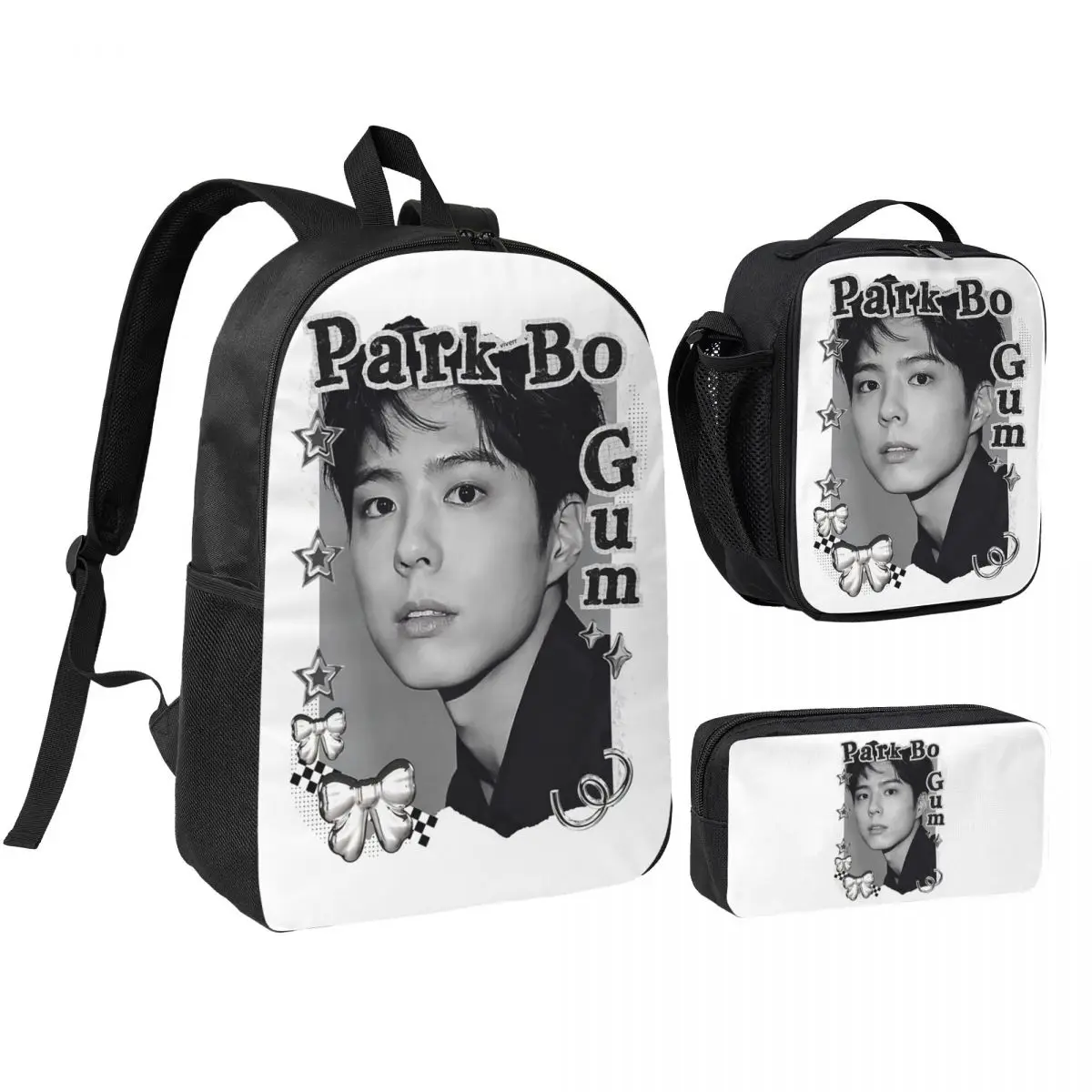 Фото Рюкзак Park Bo Gum Kpop для мальчиков и девочек, школьная сумка, сумки через плечо, 3 шт., изолированная сумка для обеда, пенал №1