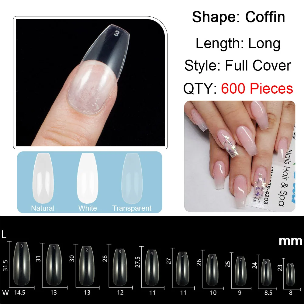

600 Pieces/Pack Long Ballerina Coffin False Nail Tips 10 Sizes Acrylic Nails Coffin Full Cover Fake Nails DIY Nail Extension