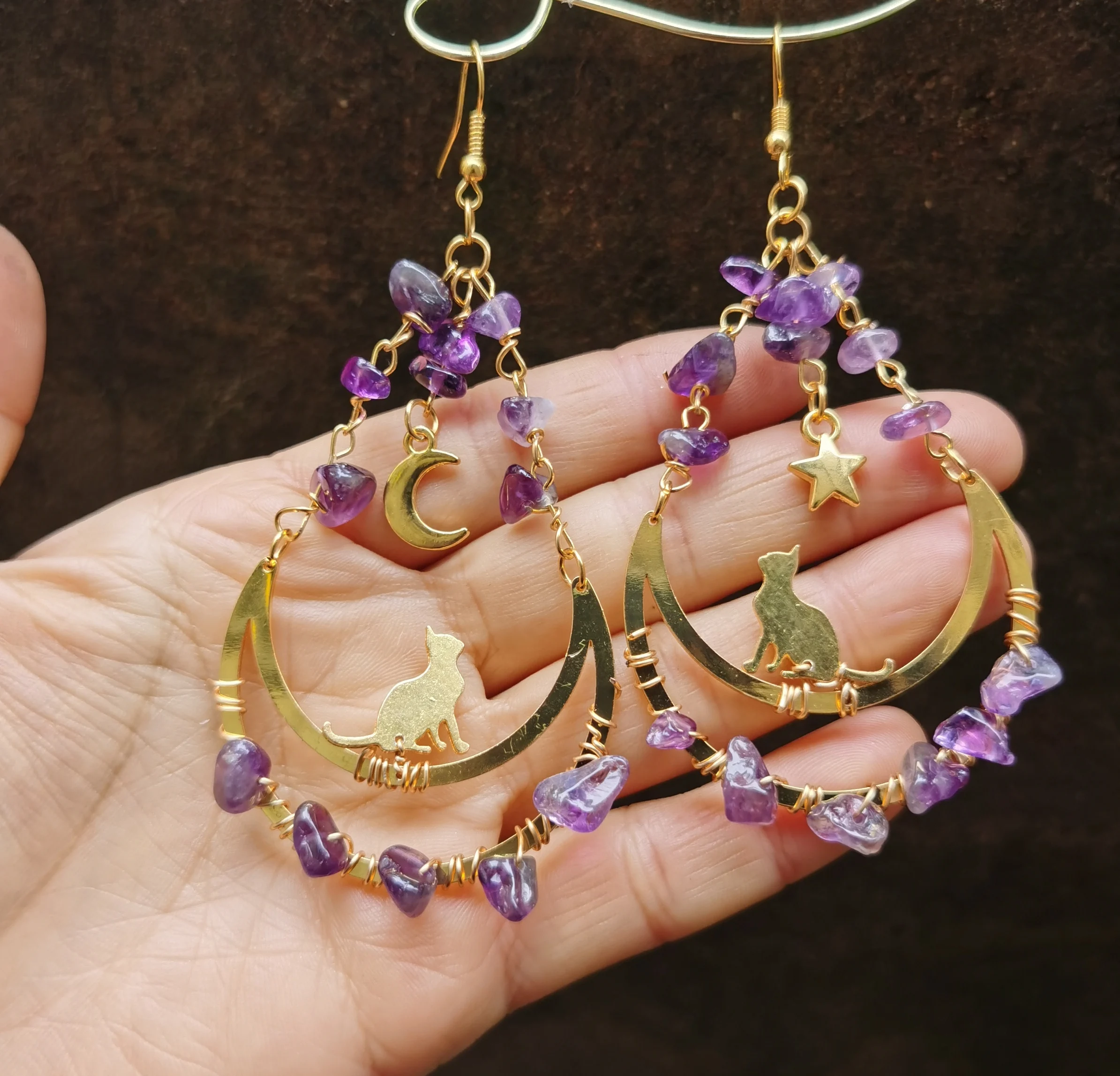 

Protection Sun & Moon Cat Dangle Earrings | Amythest Quartz |Witchy