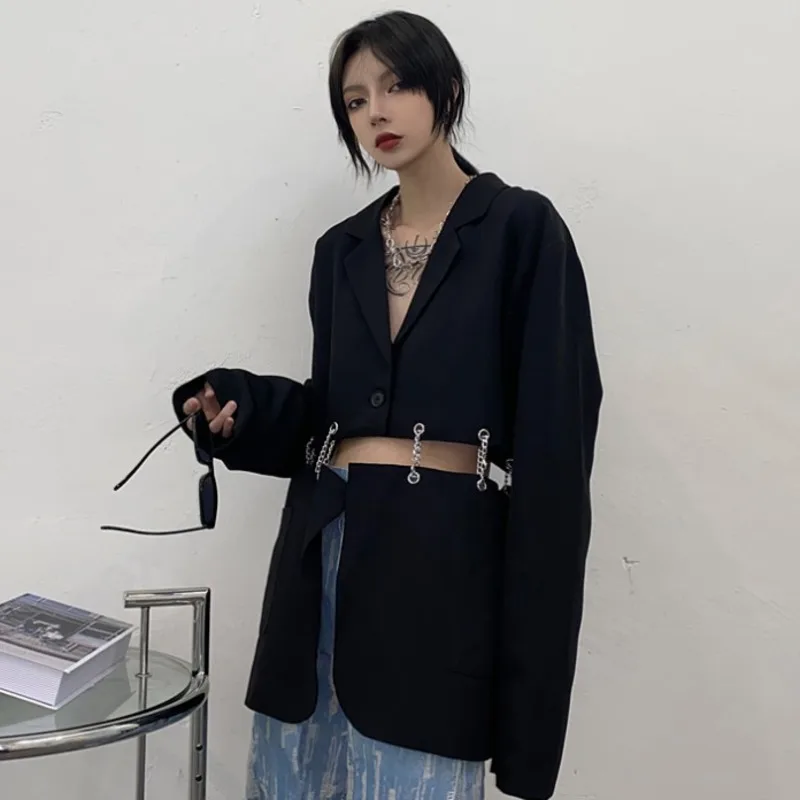 Women Turn-down Collar Long-sleeve Blazer Coats 2023 Spring Female Iron Chain Black Button Single Breasted Loose Blazer Tops New