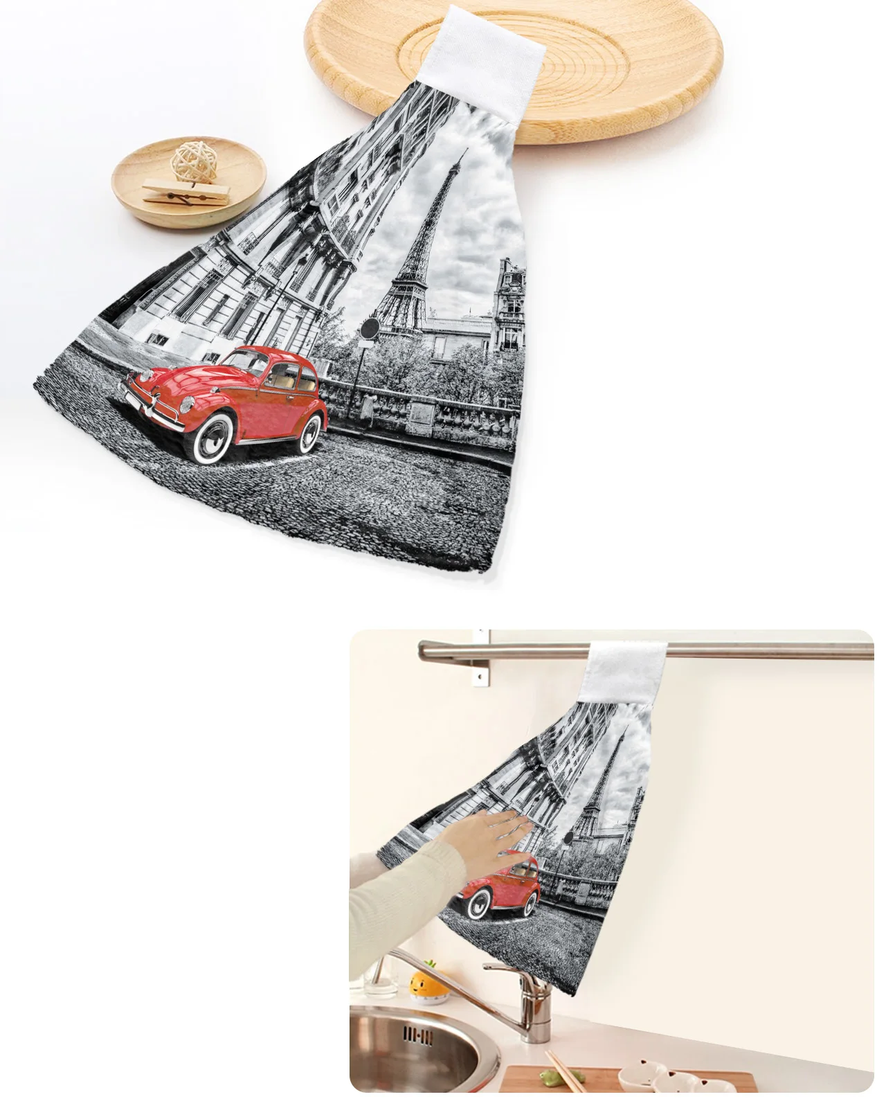 

Red Vintage Car Paris Tower Street Hand Towels Home Kitchen Bathroom Hanging Dishcloths Loops Soft Absorbent Custom Wipe Towel