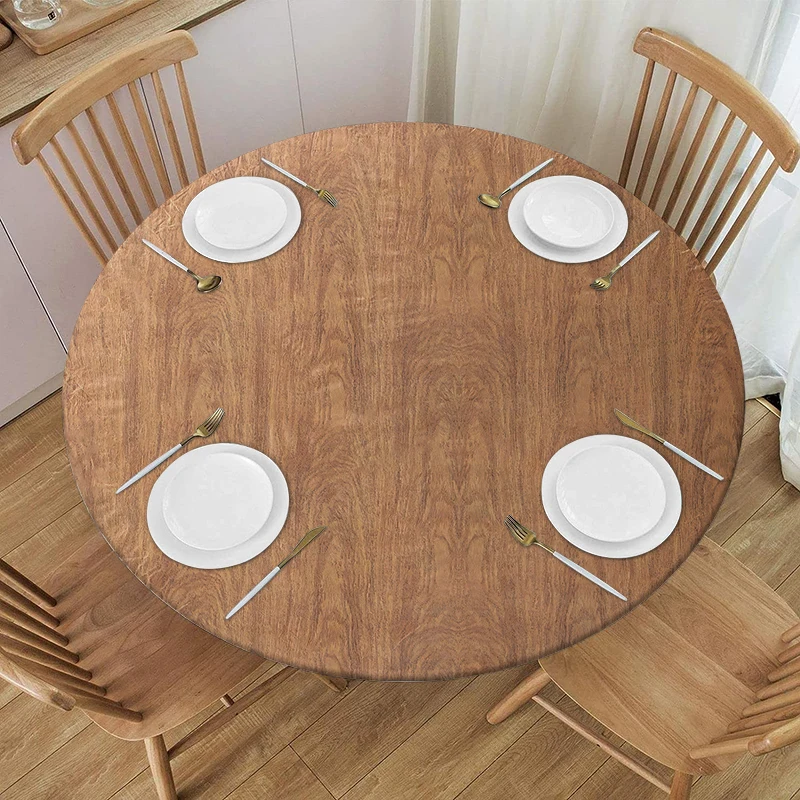 

Wood Pattern Round Tablecloth Elastic Fitted Edged Table Cloth Washable Cover for Dining Picnic Table Decoration Accessories