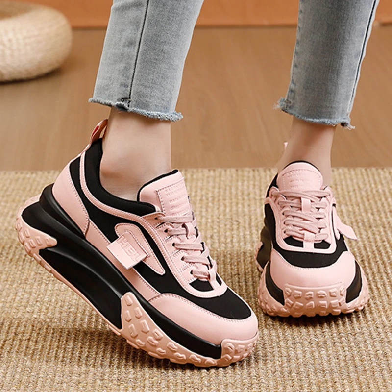 5.5CM Genuine Leather Comfy Contrast Female Sneaker Breathable Pink Green Shoe Chunky Sneakers Spring Platform Wedge Women Shoes