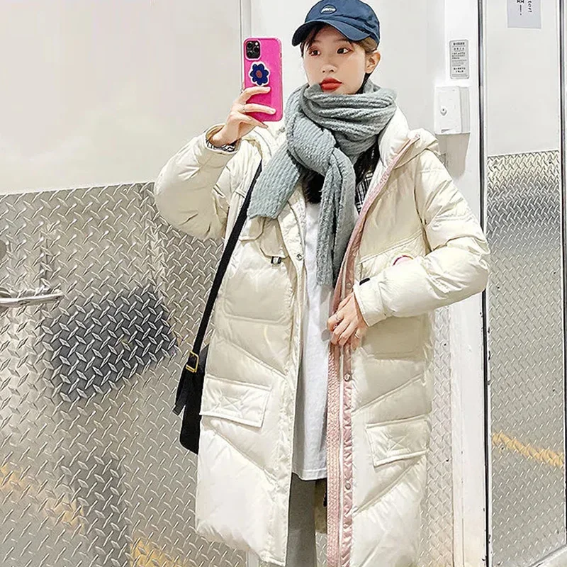 Winter Bright Face Down Jackets Women Long 2022 New Hat Loose Disposable Thick Warm Fashion White Duck Down Coats Female TT130
