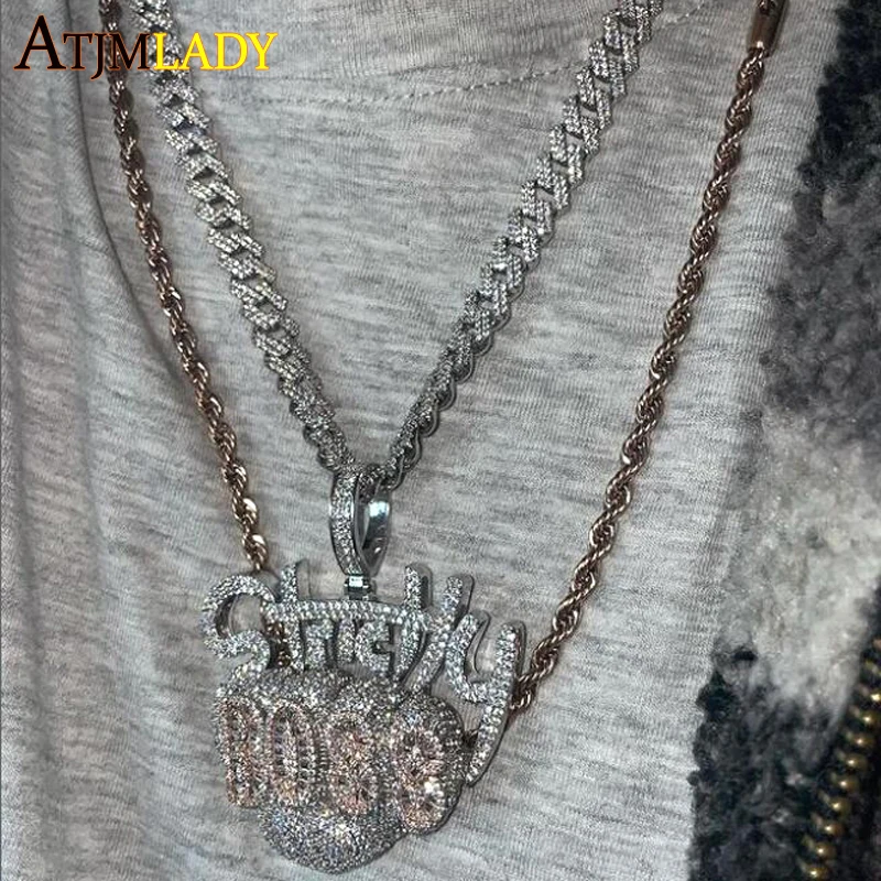 Hip Hop Bling Two Tone Gold Color Pocket Strictly Boss Baguette Cubic Zirconia Iced Out 5A Cz Intial Pendant Necklace Jewelry