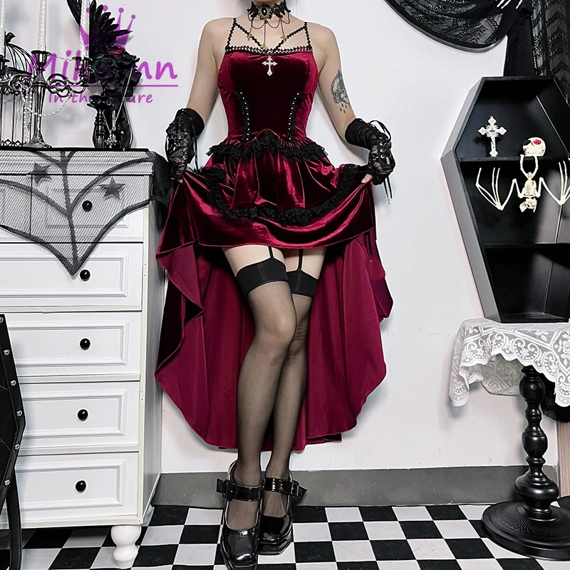

Gothic Velvet Lace Sleeveless Dress Women Sexy Spaghetti Strap Vintage Pleated Asymmetric Cocktail Party Dress Halloween Dresses