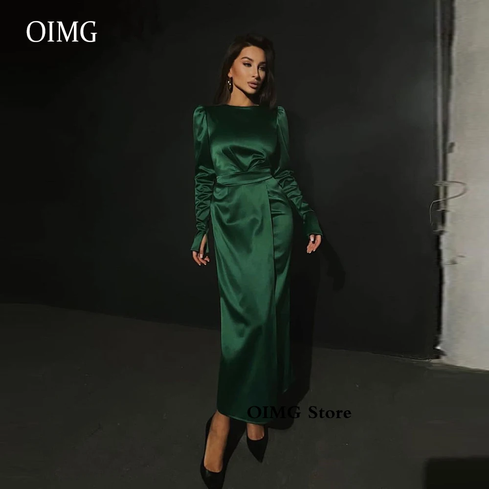 OIMG Modest Emerald Green Silk Satin Evening Party Dresses Long Sleeves Jewel Neck Ankle Length Arabic Women Simple Prom Gowns