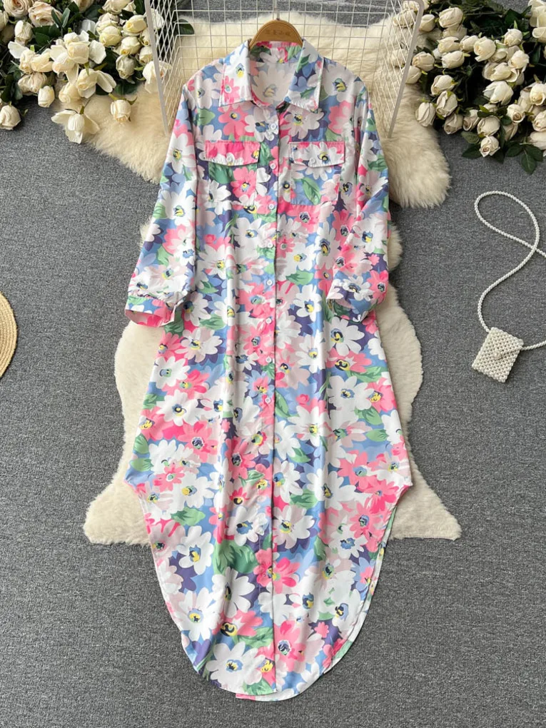 

Женское платье-рубашка с отложным воротником, длинным рукавом