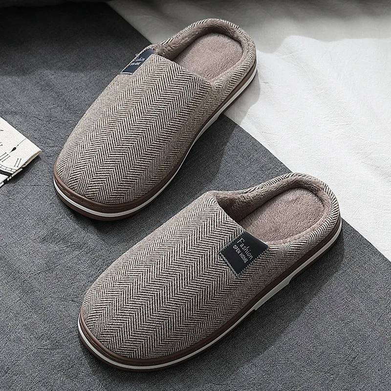 

Winter Men's Slippers Home Hemp Alphabet Printing Shoes Warm Plush Non-Slip Soft Cotton Women Slippers Indoor Couples Male Shoes