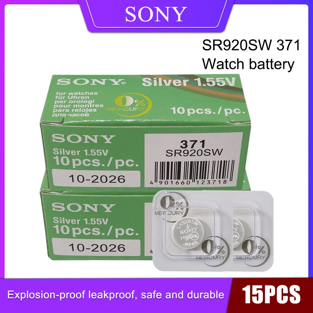 

15 шт. Sony 100% оригинальная Однослойная упаковка 371 SR920SW 920 SR920 1,55 в аккумулятор для часов 371 SR920SW SR920 кнопочная монетница