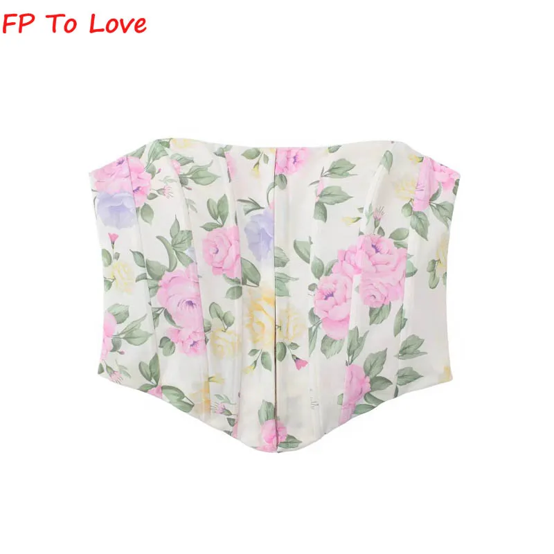 

FP TO LOVE Summer 2022 French Vintage Flower Print Sexy Tight Tube Top High Waist Pleated Chic Top