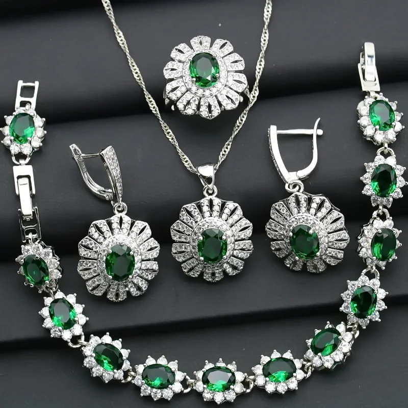 

Delicate 925 Silver Jewelry Sets Wedding Accessories For Women Cubic Zirconia Earring Nacklace Bracelet Open Ring Party Gift