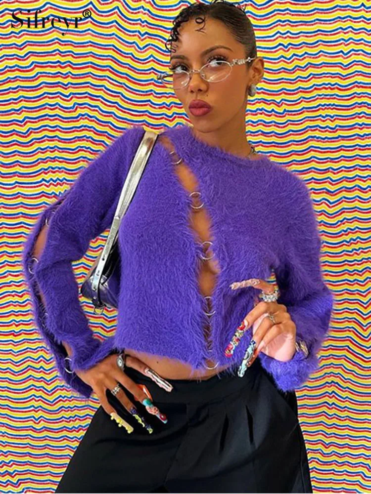 

Sifreyr модный однотонный свитер Личная уличная застежка выдвижное кольцо открытый пупок с длинным рукавом Сращивание Повседневный облегающий Топ