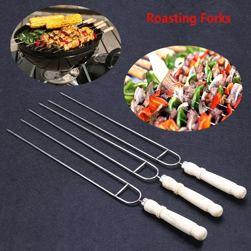 

1pc Stainless Steel BBQ Tools Flat Barbecue Stick BBQ Roasting Needle with Wooden Handle Skewers Outdoor Camping BBQ Forks