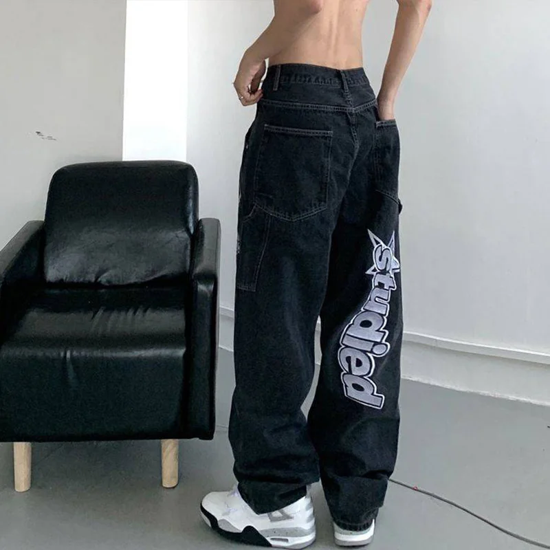 

Women's Pocket Jeans, American Street Clothes, Retro, Star And Letter Pattern, High Waist, Informal, Large Straight Tube