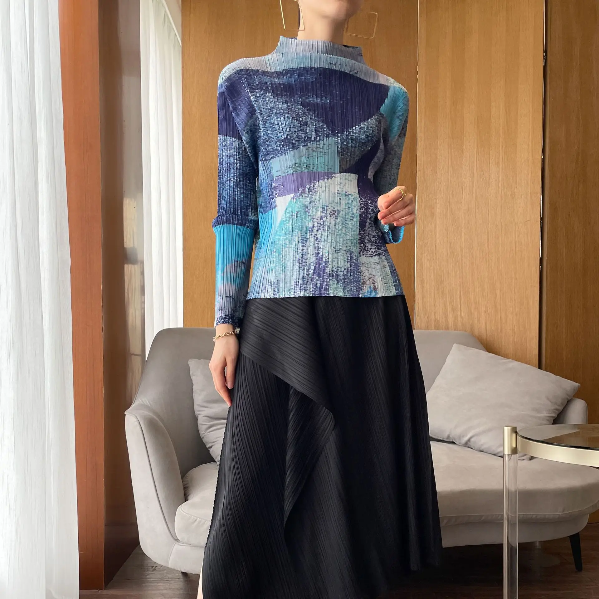 

Новинка Весна 2022, женские внутренние Топы miяка, модная женская Облегающая водолазка с круглым вырезом и длинным рукавом с принтом