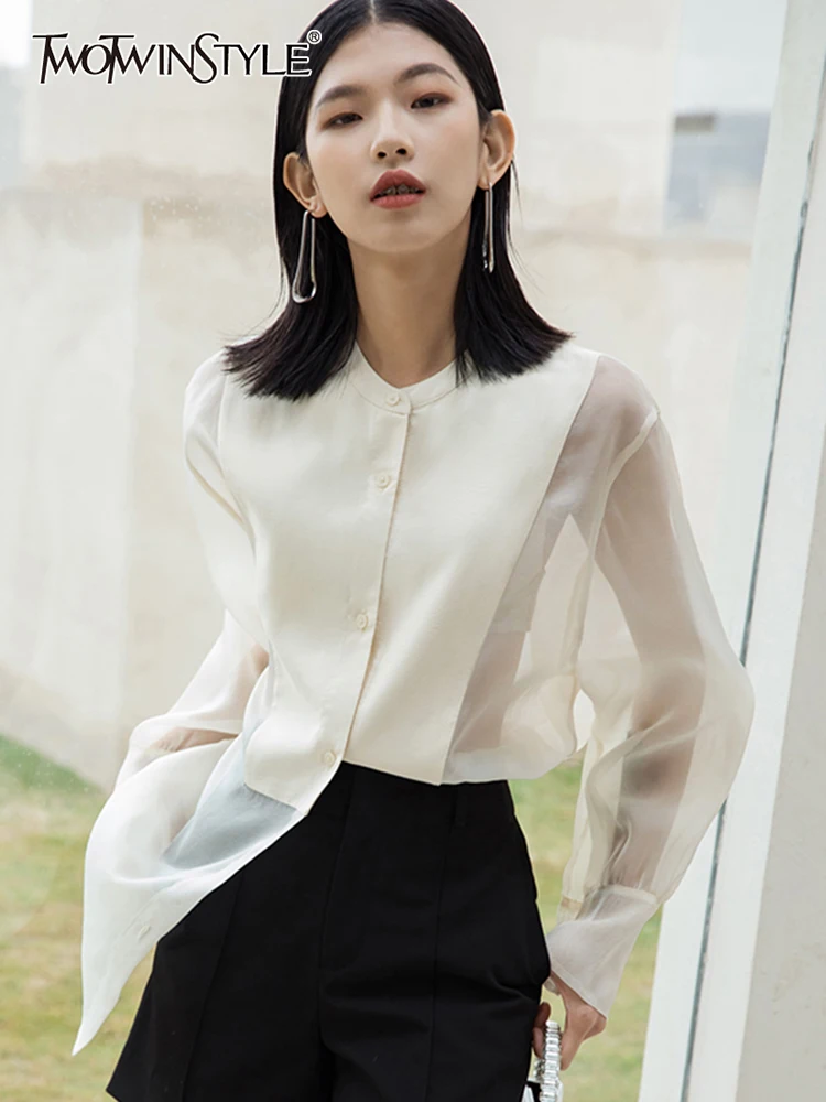 

TWOTWINSTYLE Patchwork Sheer Mesh Blouses Female Round Neck Loose Long Sleeve Button Through Shirts For Women Fashion Clothing