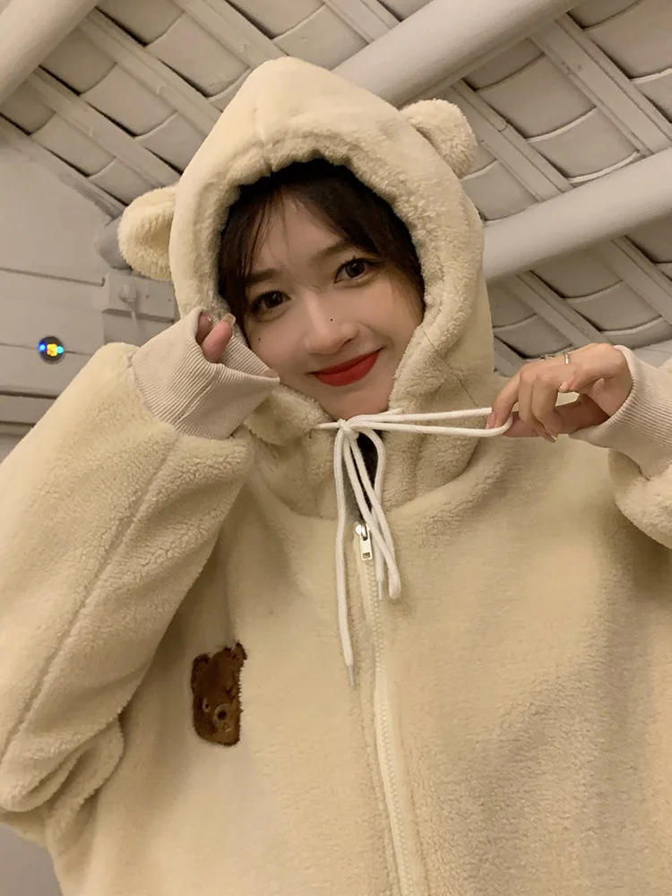 Faux Lamb Wool Coat Female Lamb Cashmere Hooded Sweater Cute Girl Autumn  Winter Clothing Thickened Warm Long Sleeved Clothes