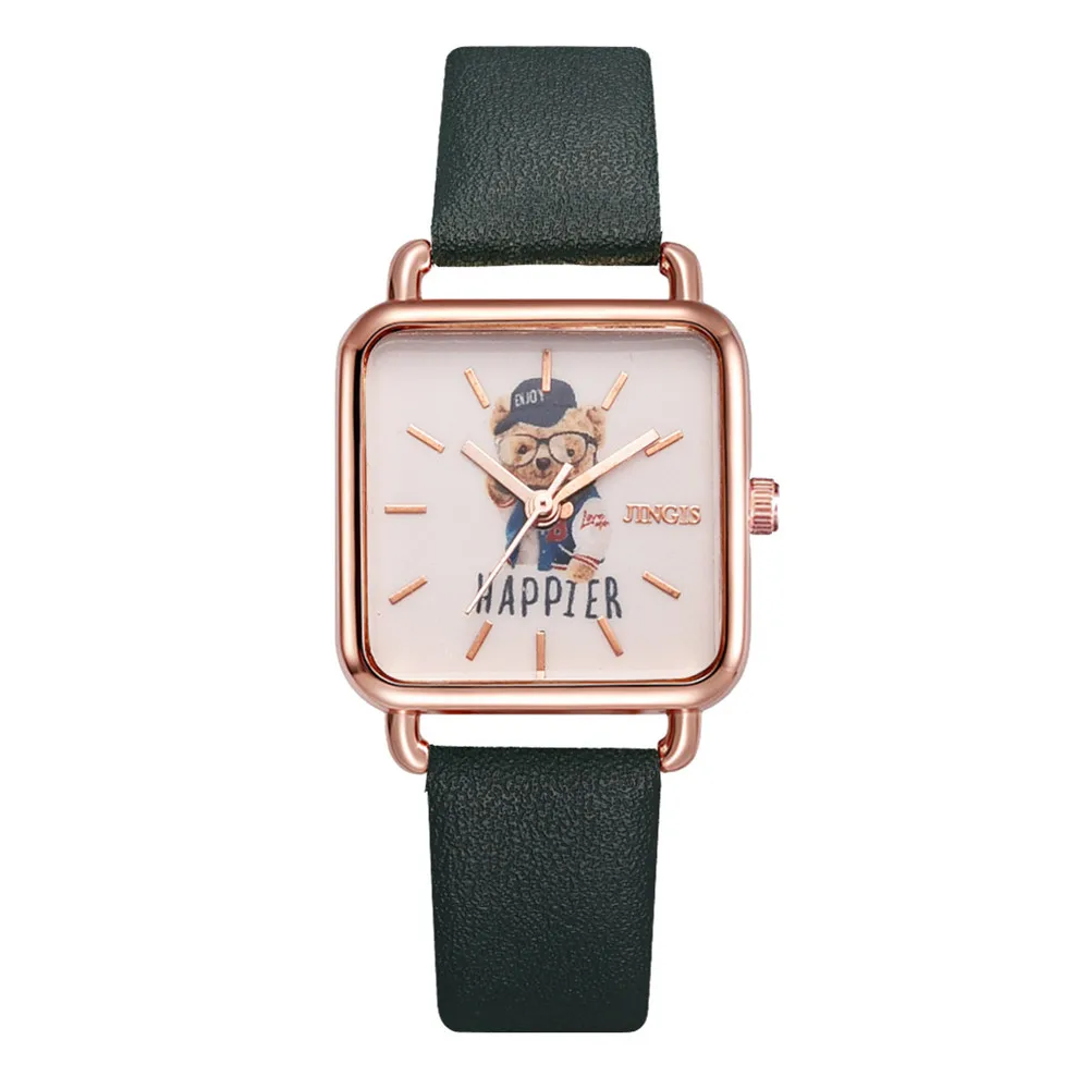 

Women Fashion Small Pudding Bear Square Design Watches 2022 Brand Retro Black Ladies Wristwatches Casual Female Quartz Leather