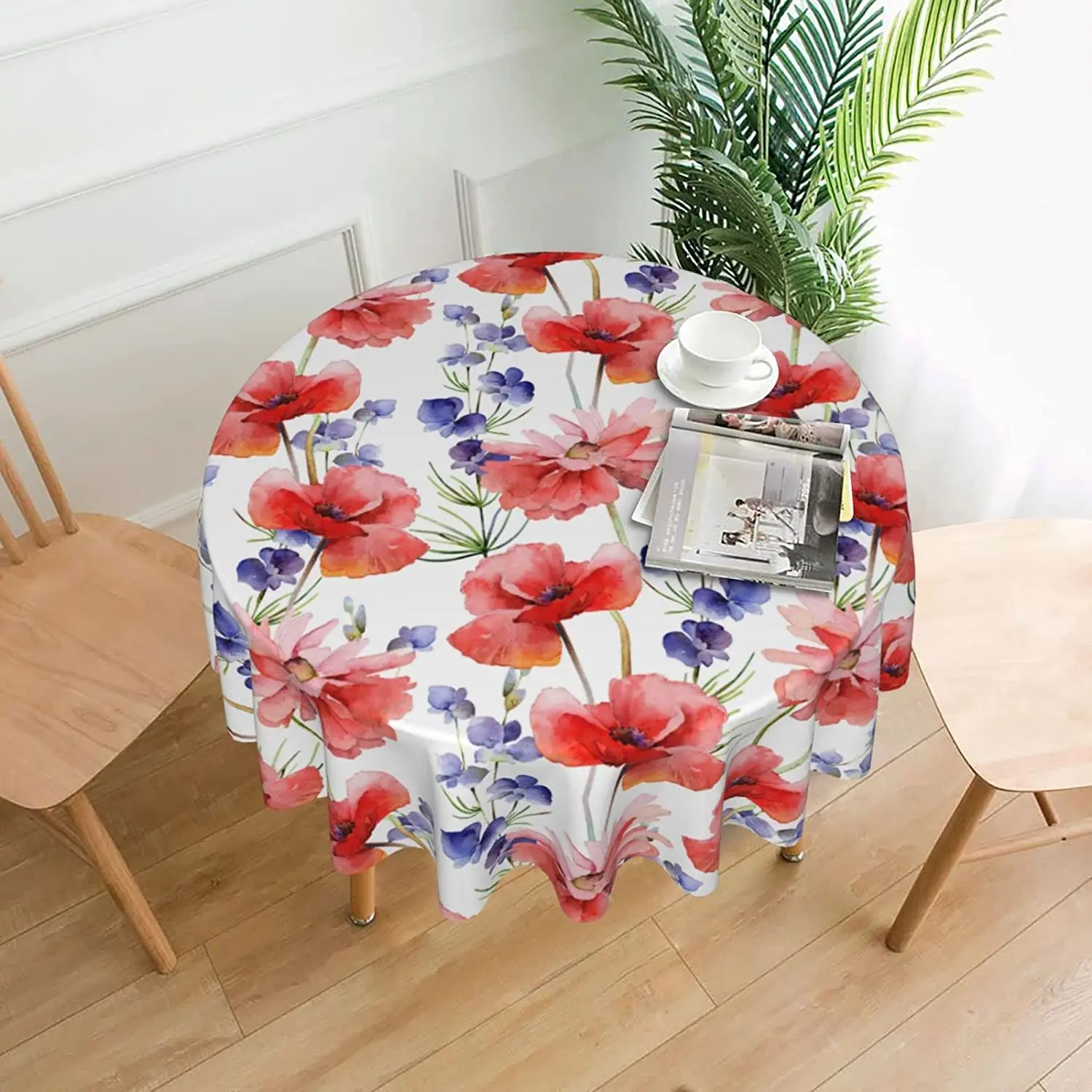 

Red Poppy Flower Spring Round Table Cover Polyester Stain and Wrinkle Resistant Table Cloth for Kitchen Dining Coffee Party