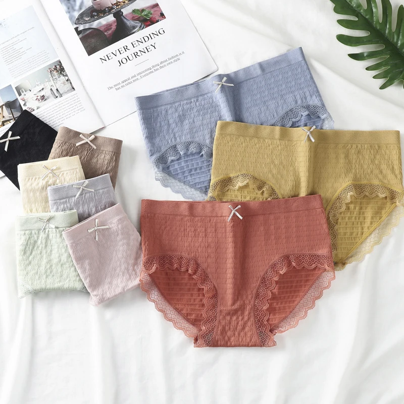 

1pc women underwear mid-waist fashion stitching lace panties women and girls soft cotton striped trunks