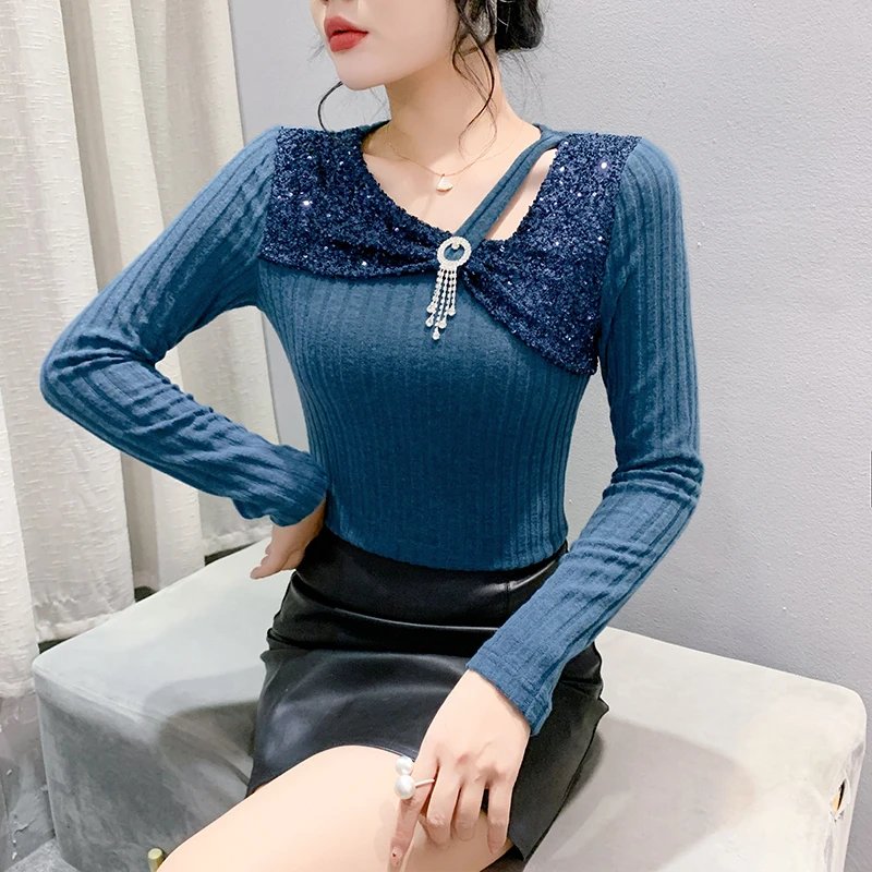 # 7392 Синяя розовая серая обтягивающая футболка нестандартной формы женская