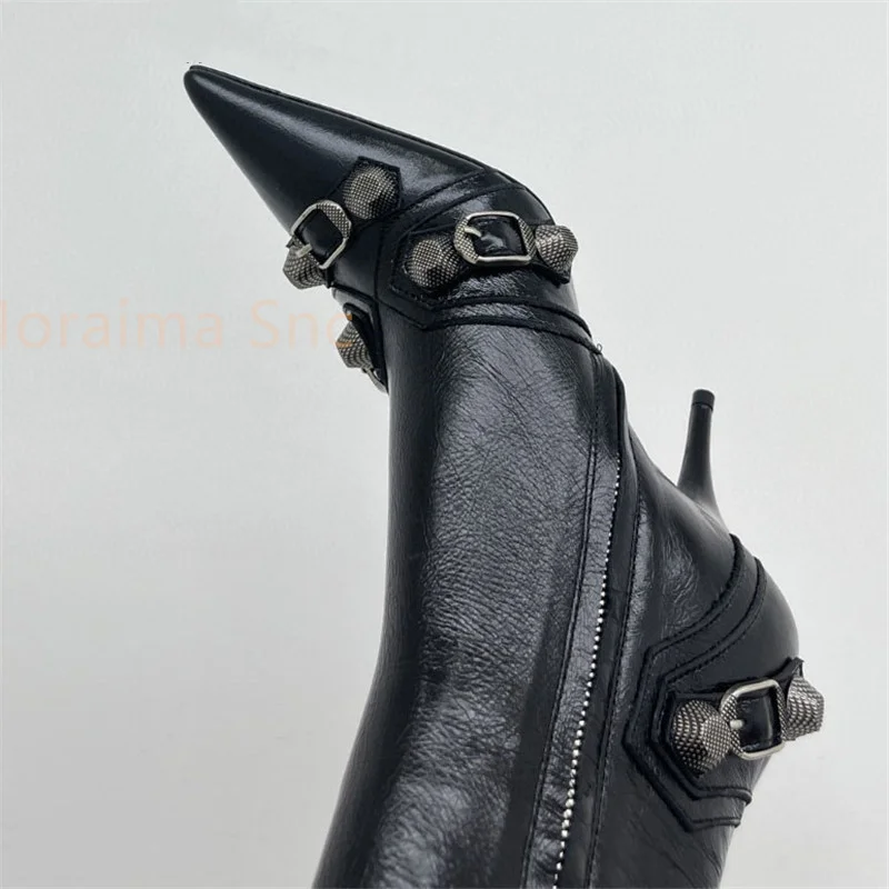 Metal Rivets Thin High Heel Long Boots Punk Winter Women Sexy Pointed Toe Solid Stiletto Shoes Knee High Boots Tassels Zipper