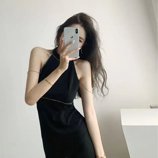 

Черное элегантное платье-жилет без рукавов с цепочкой для женщин, новинка 2022, популярная юбка для девушек, облегающая юбка-футляр на талии