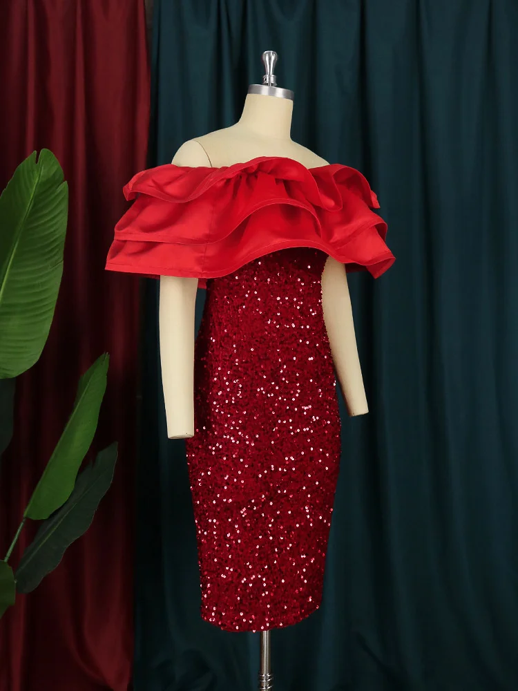 Women's Sequin Party Dresses 4XL Plus Size Clothing 2022 Elegant Tight Strapless Wrap Style Ruffled Hem Dress Fashion Red Dress