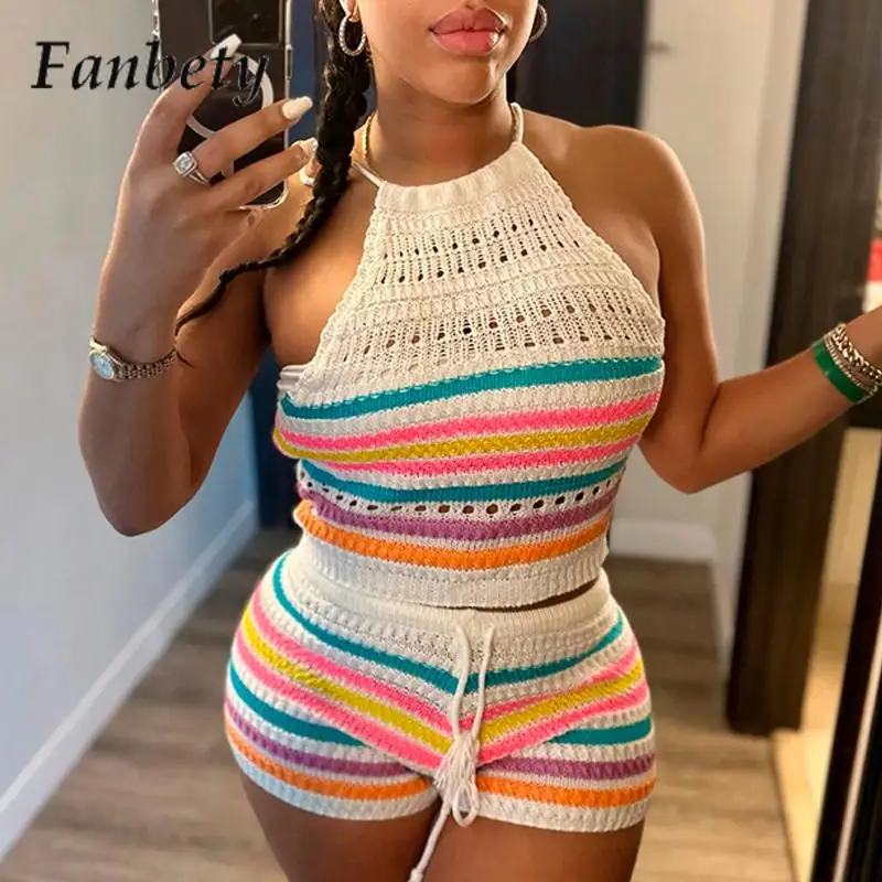 

Женские Элегантные радужные костюмы с лямкой на шее, летние модные облегающие костюмы с вырезами, Женский Повседневный трикотажный комплект из двух предметов в полоску