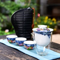 yipinci travel tea set borosilicate glass blue and white kongfu leather bag