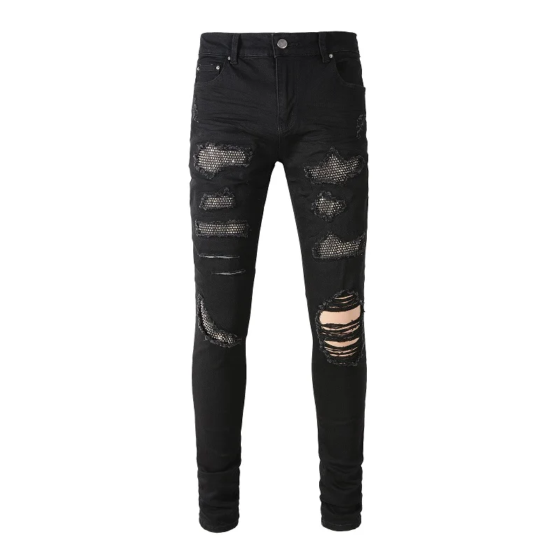 

New Men's Black Distressed Slim Streetwear Damage Holes Skinny High Stretch Destroyed Rhinestones Patchwork Ripped Denim Jeans