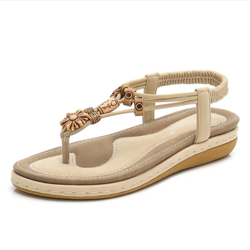 

String Bead Noiseless Shoes For Women 2023 Ethnic Boohemia Sandalia Eleastic Band Soft Beach Sandals Wedges Heels 3cm 27cm 44-36