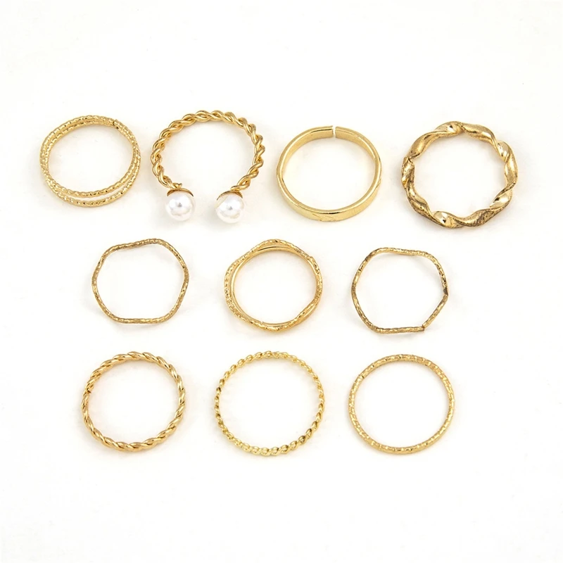 

10Pcs/Set Gold Stackable Rings Adjustable Finger Band Ring for Women Teen Girls 264E