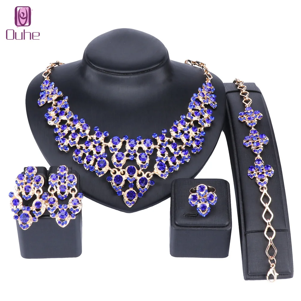 

Women Gold Color Crystal Statement Necklace Bracelet Earring Ring Party Bridal Decoration Boho Jewelry Set