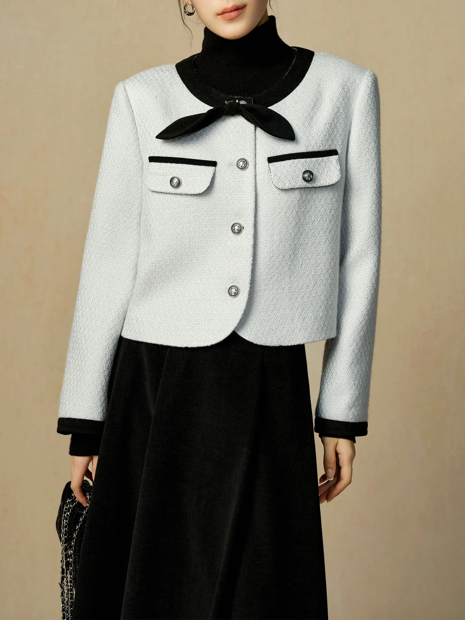 DUSHU Женская синяя твидовая куртка Нежный стиль Короткое пальто с круглым вырезом