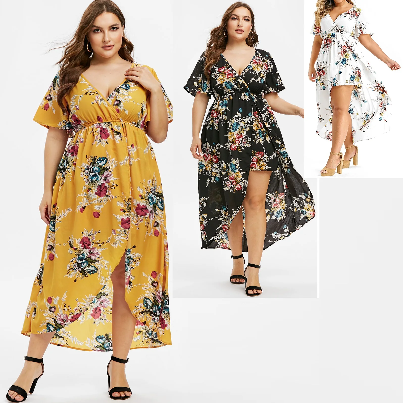 

Женское Повседневное платье размера плюс с v-образным вырезом, Повседневное платье с цветочным принтом для отпуска, длинное платье, 4 цвета н...