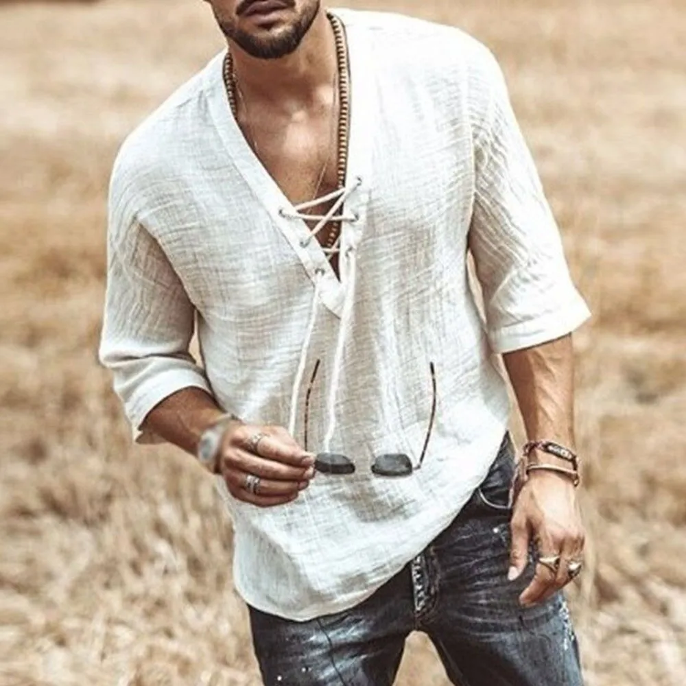 

Summer Men Linen Cotton T Shirt Men Mid-Sleeve V-neck Breathable Soft Loose Thin White T-shirt Men Asian Size L-XXXL