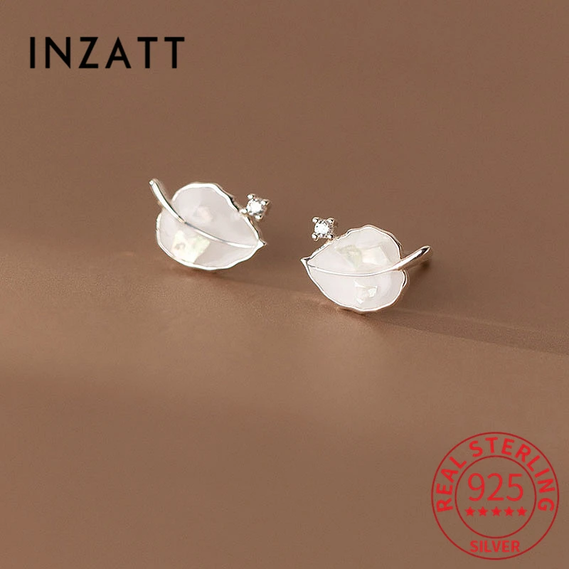

INZATT Real 925 Sterling Silver Zircon Enamel Leaves Stud Earrings For Women Cute Plant Fine Jewelry Minimalist Accessories