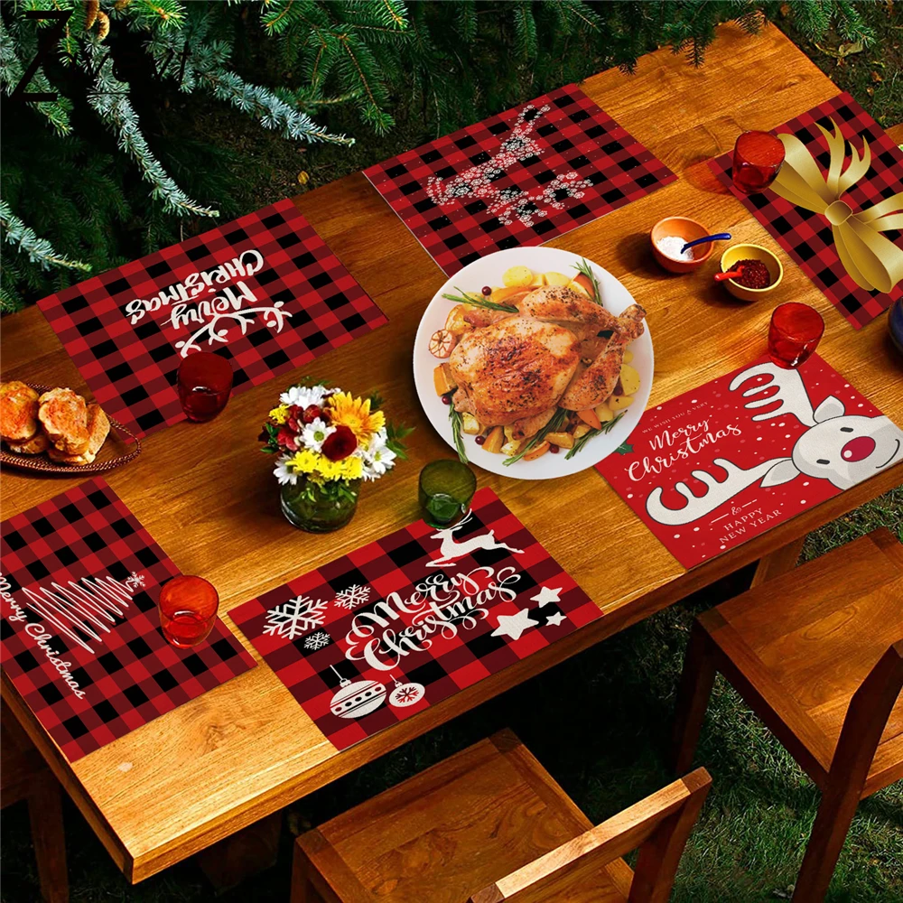 

1pcs Merry Christmas Decorative Red Grid Placemats Cartoon Elk Bow Print Linen Dining Mat Child Table Protect Mat Drink Coaster